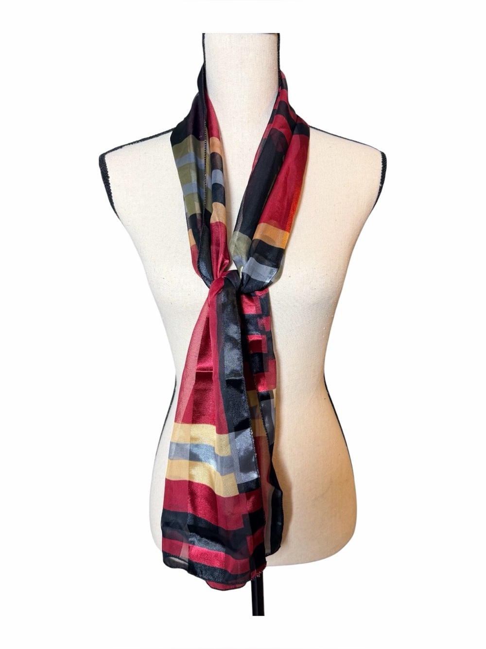 Bill Blass Vintage Geometric Colorblock Sheer Oblong Scarf Red Gold Black